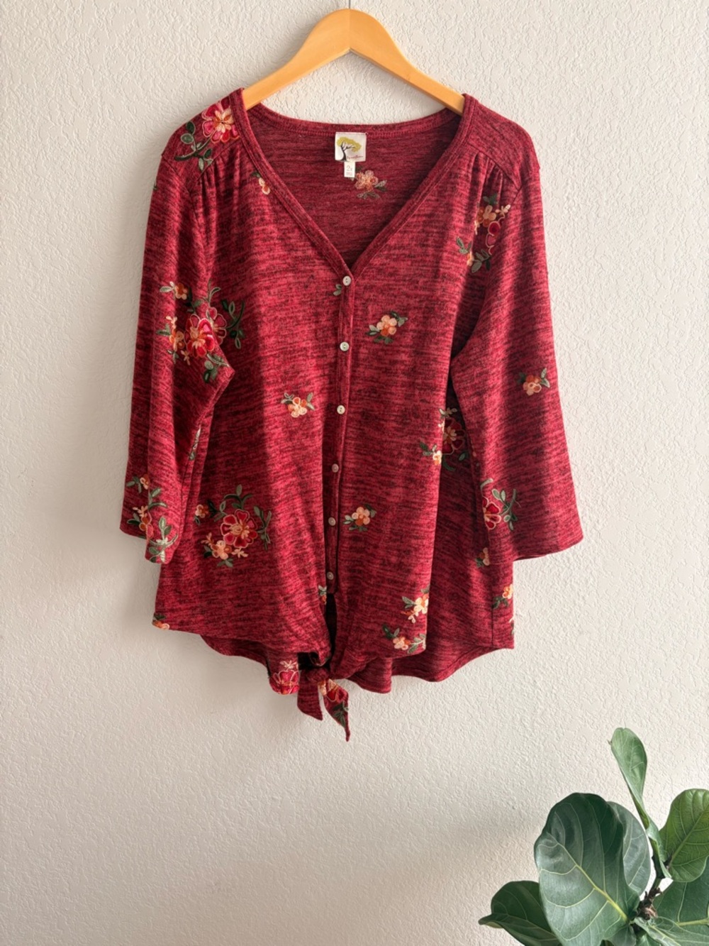 fig and flower by anthropologie Burgundy Floral Button-Down Tie Hem Top